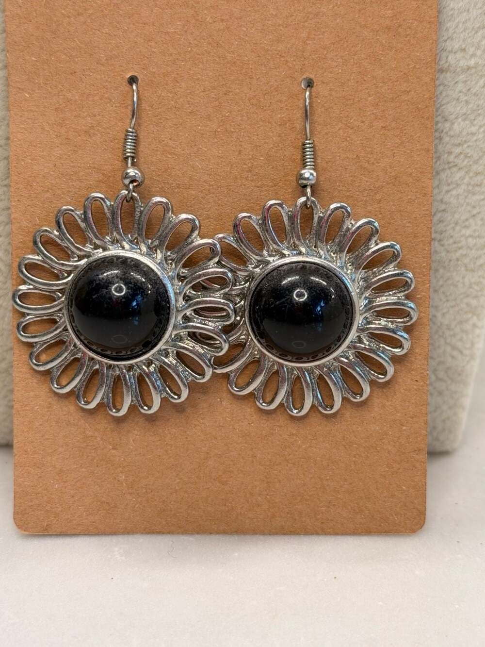 Silver Filigree Sunflower Dangle Earrings with Black Onyx Center